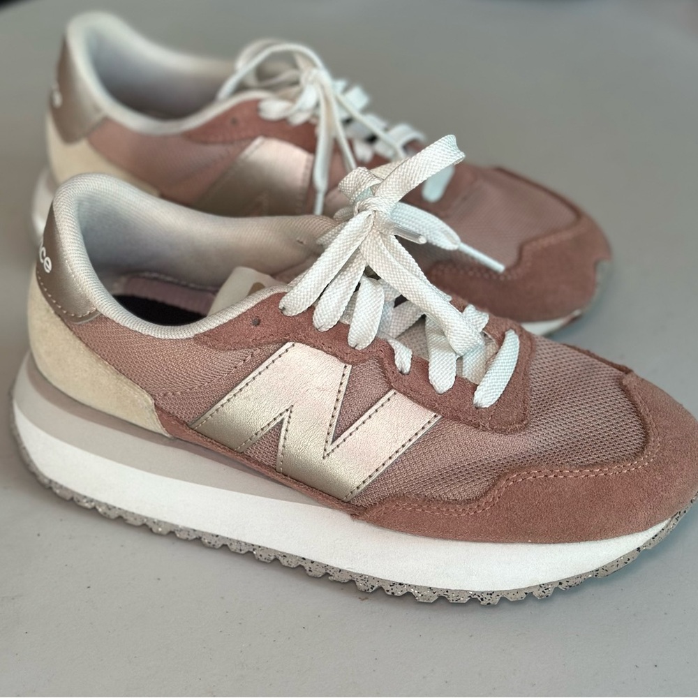 New Balance Rose Gold and White Retro Runner Sneakers